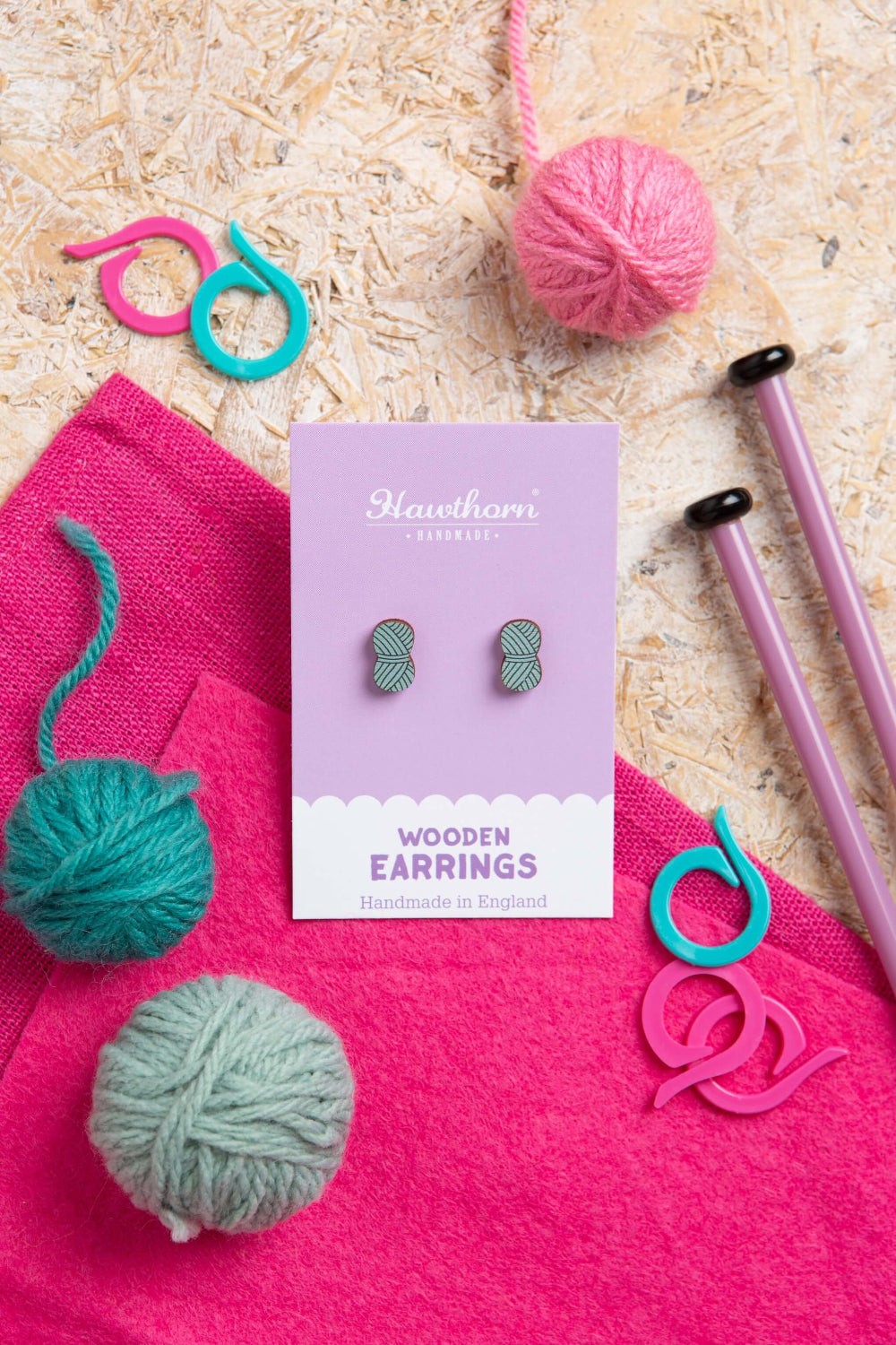 teal ball of wool wooden earrings with wool
