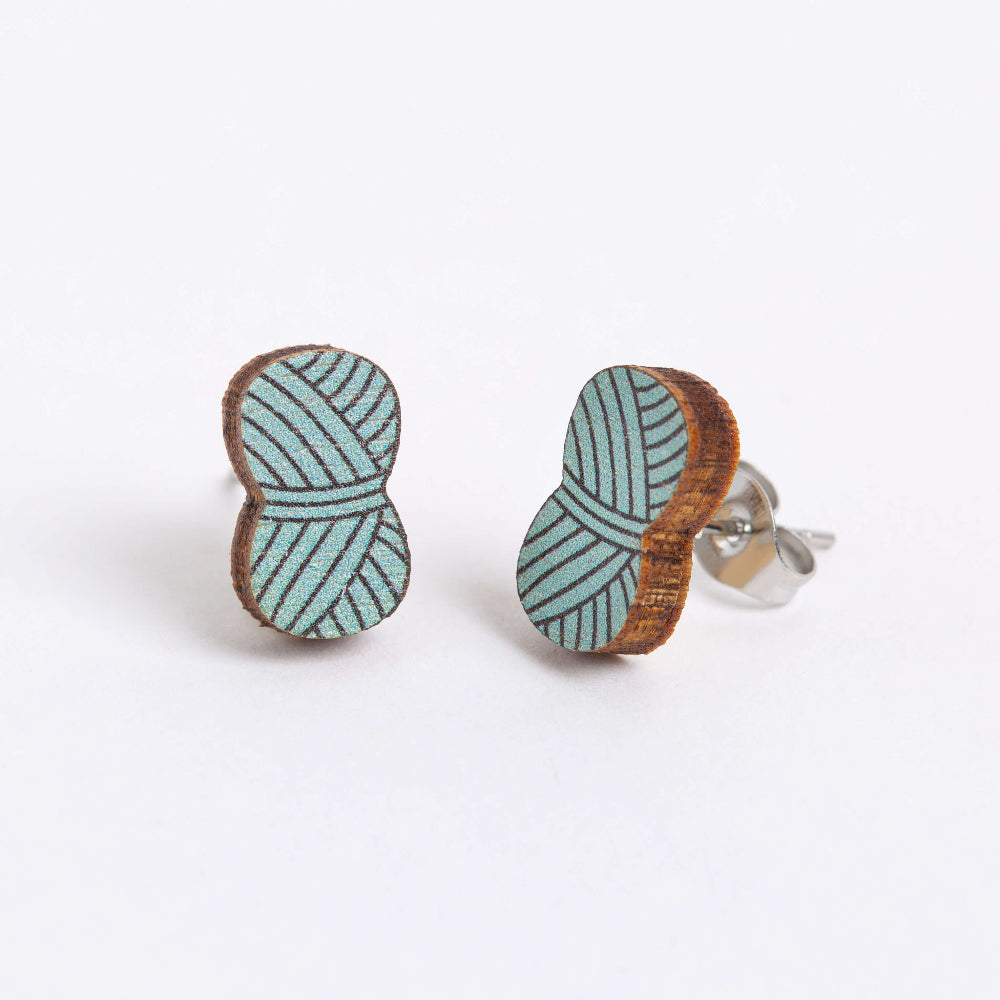 teal ball of wool wooden earrings