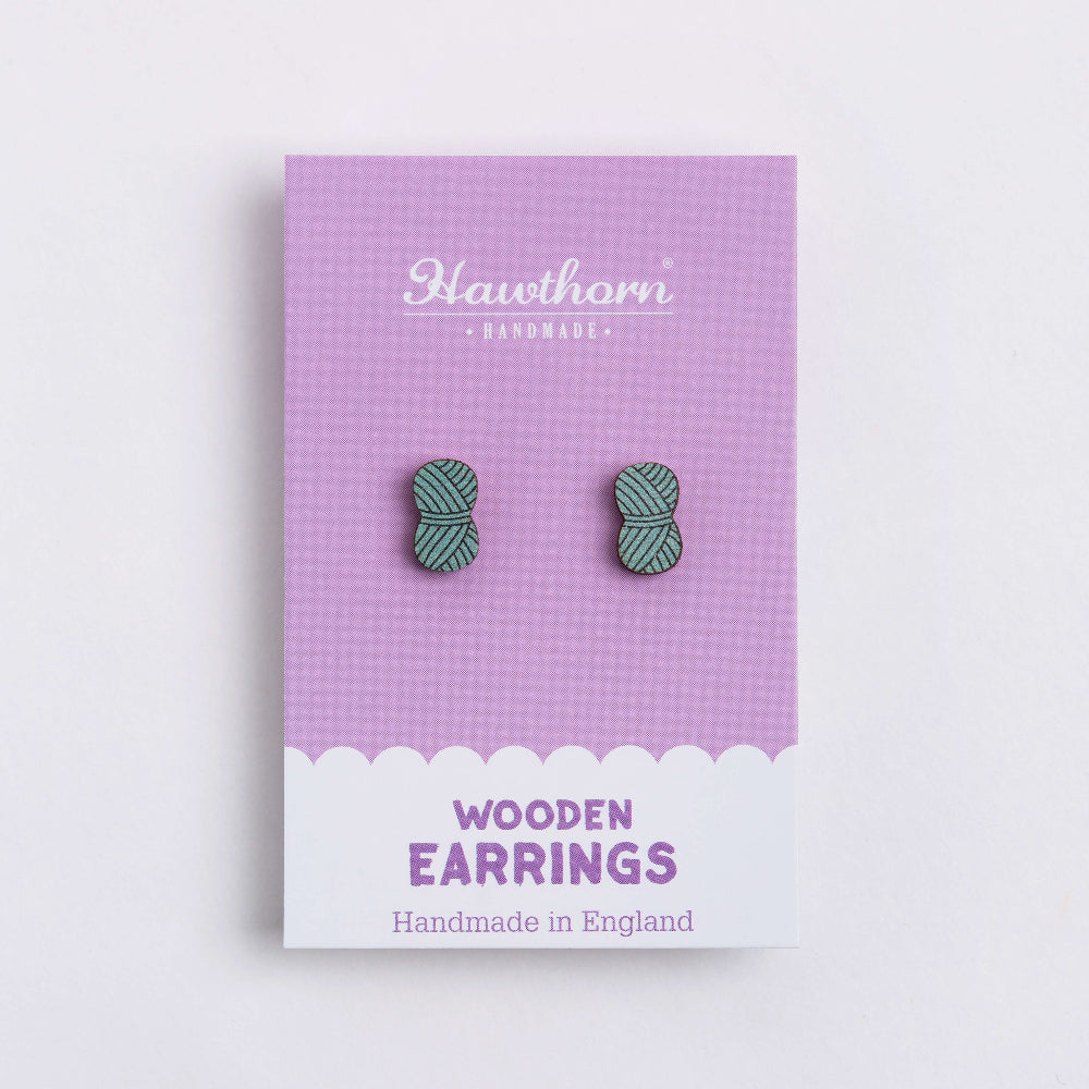 teal ball of wool wooden earrings on card