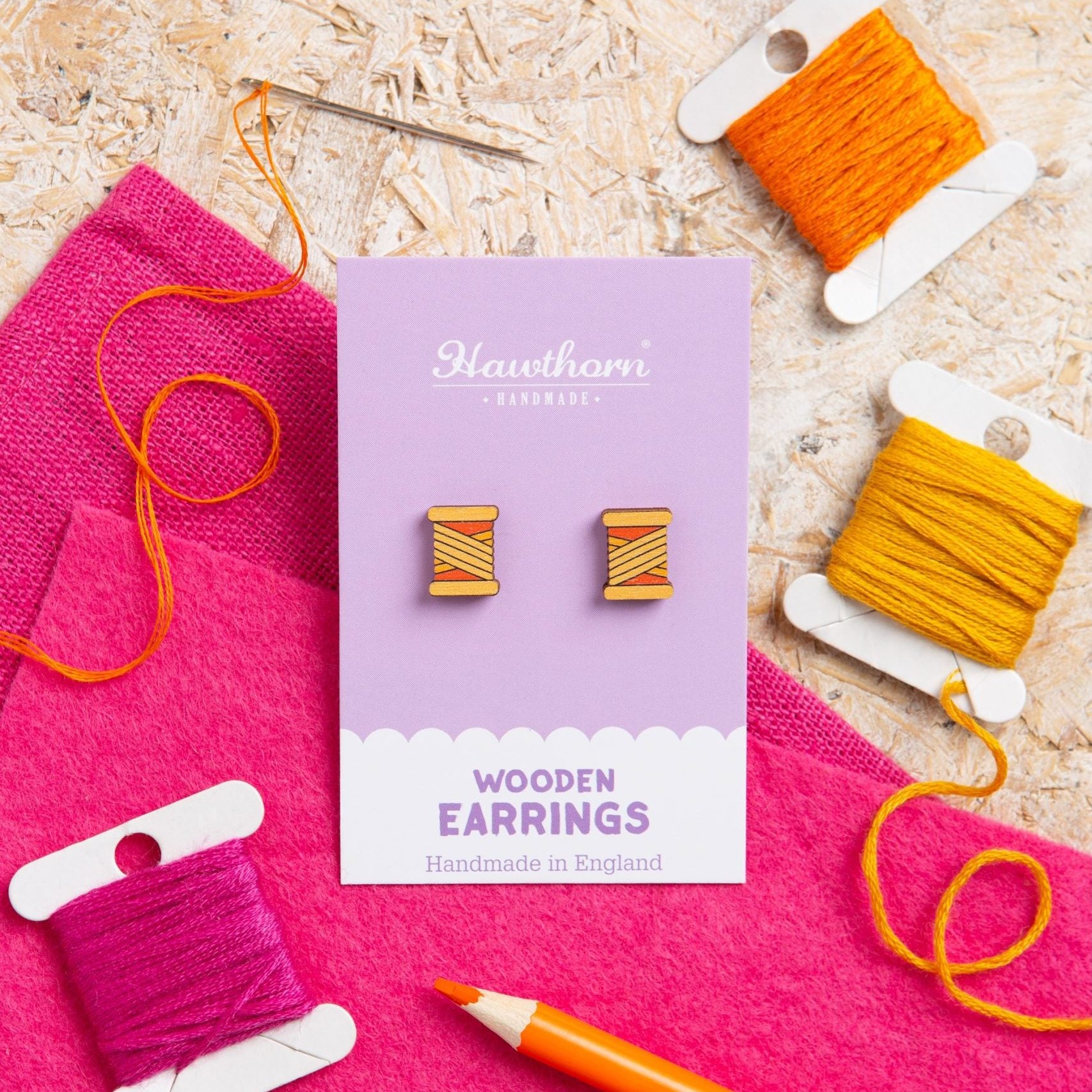 Vibrant Orange Bobbin Wooden Earrings: Perfect Gift for Sewists & Crafters