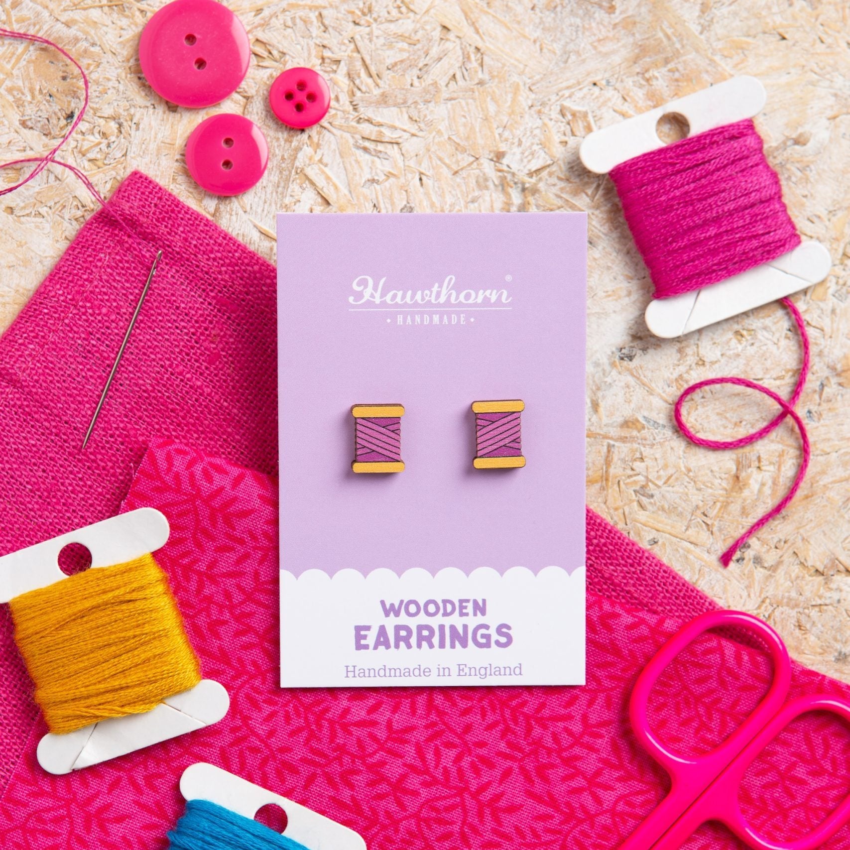 Purple Bobbin Wooden Earrings: Fun & Crafty Jewellery for Sewists