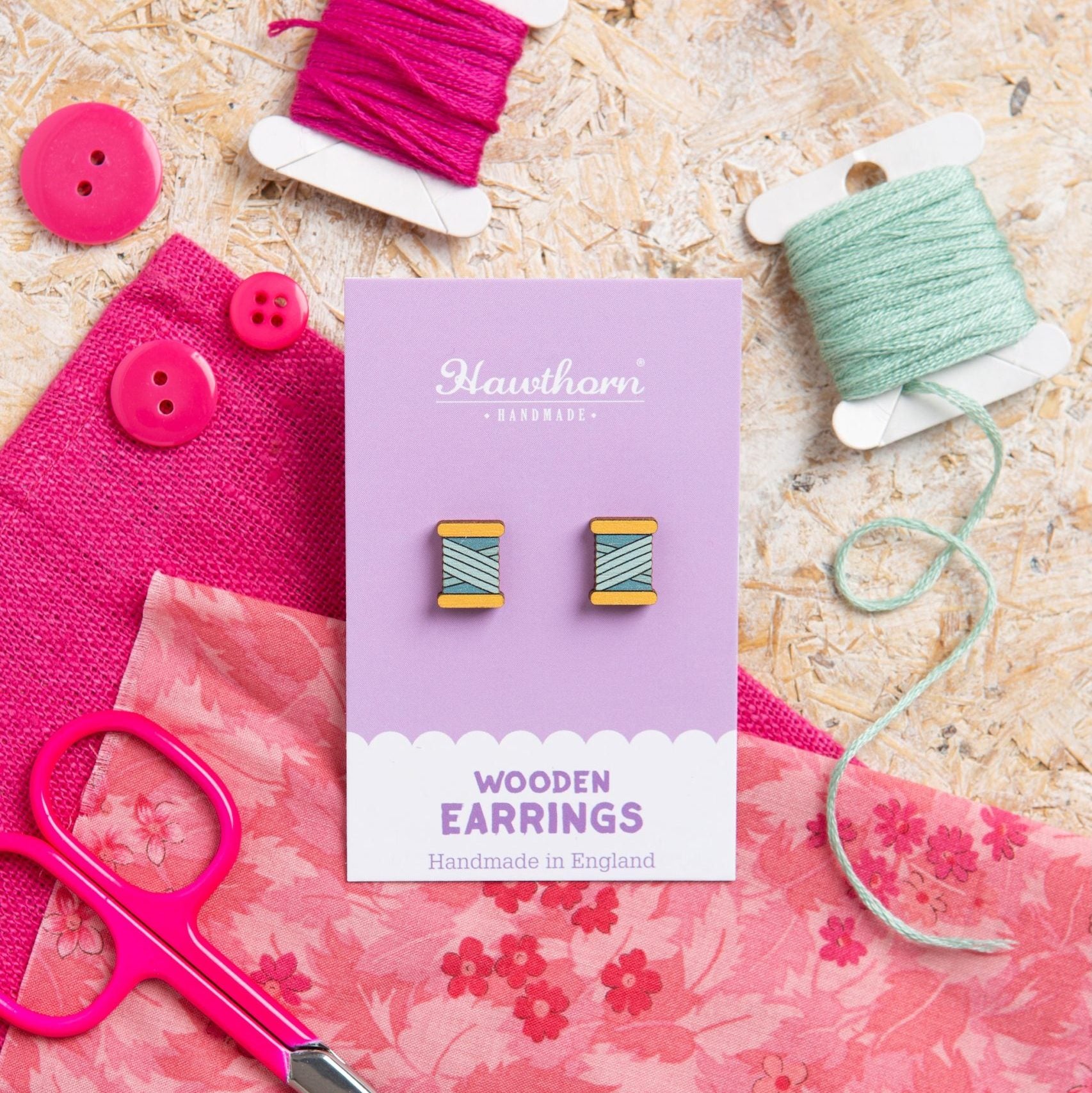 Teal Bobbin Wooden Earrings: Unique Craft-Themed Jewellery for Sewists