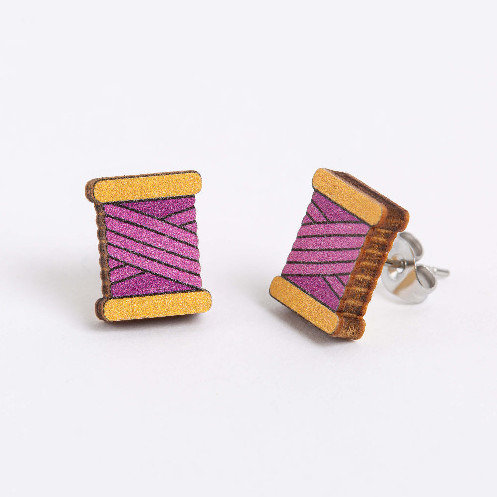 purple bobbin wooden earrings