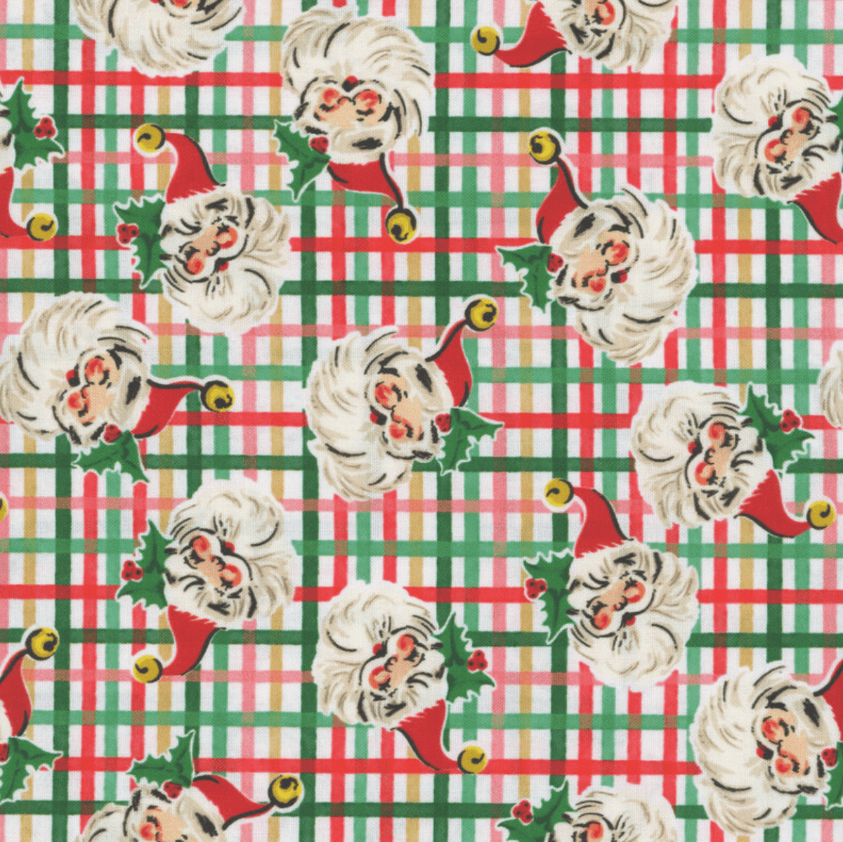 A repeating Christmas pattern featuring Santa Claus faces with red hats, green holly leaves, and gold bells over a red, green, and white plaid background.