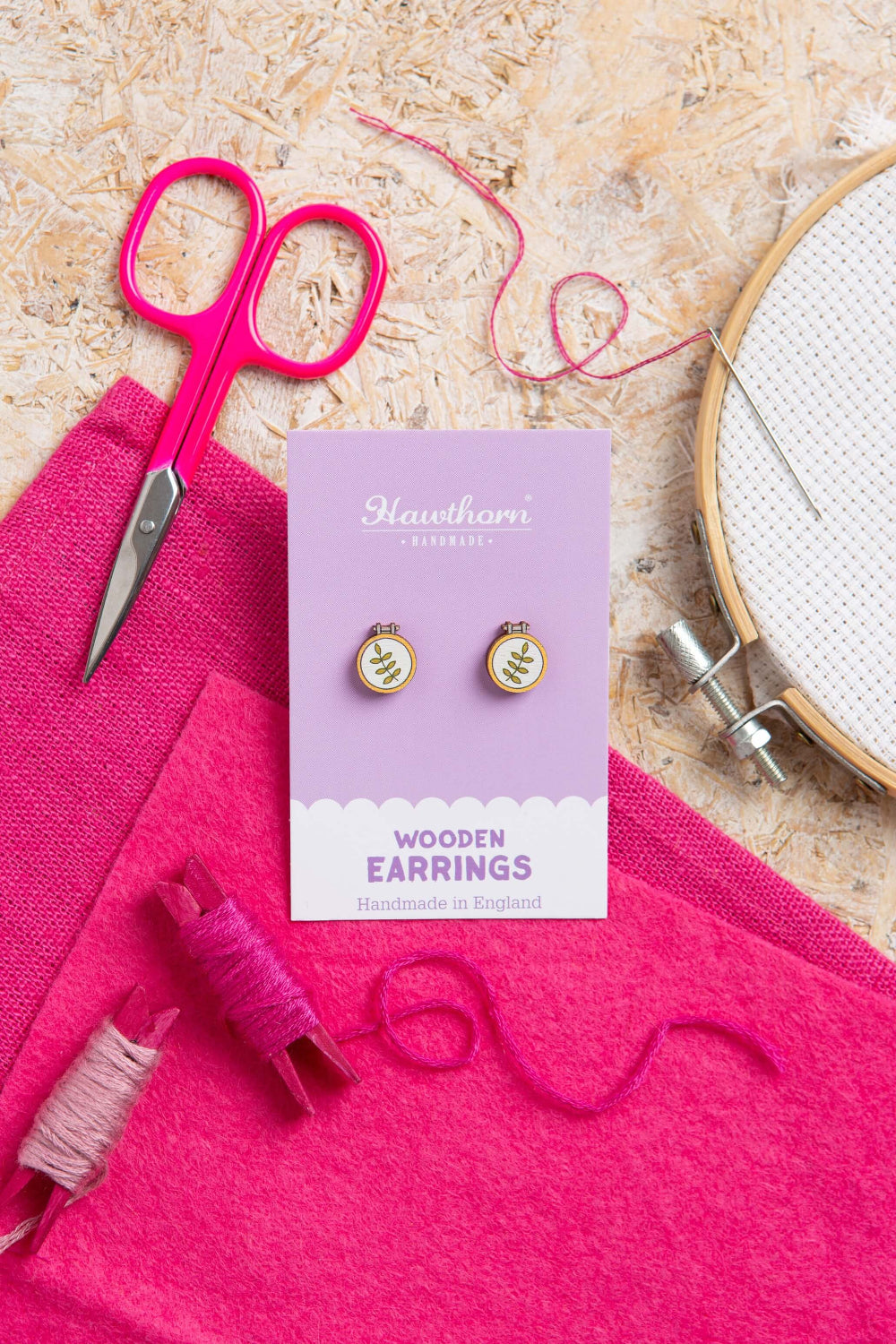 embroidery hoop botanical wooden earrings with hoop