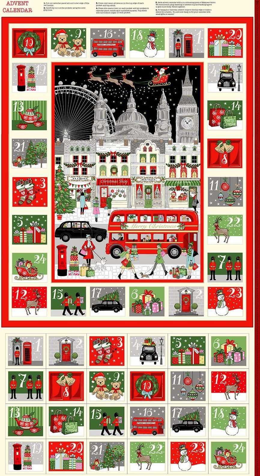 London Christmas advent Calendar Fabric Panel Makower