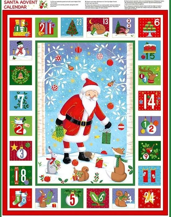 Merry Christmas Santa Advent Calendar Fabric Panel by Makower complete