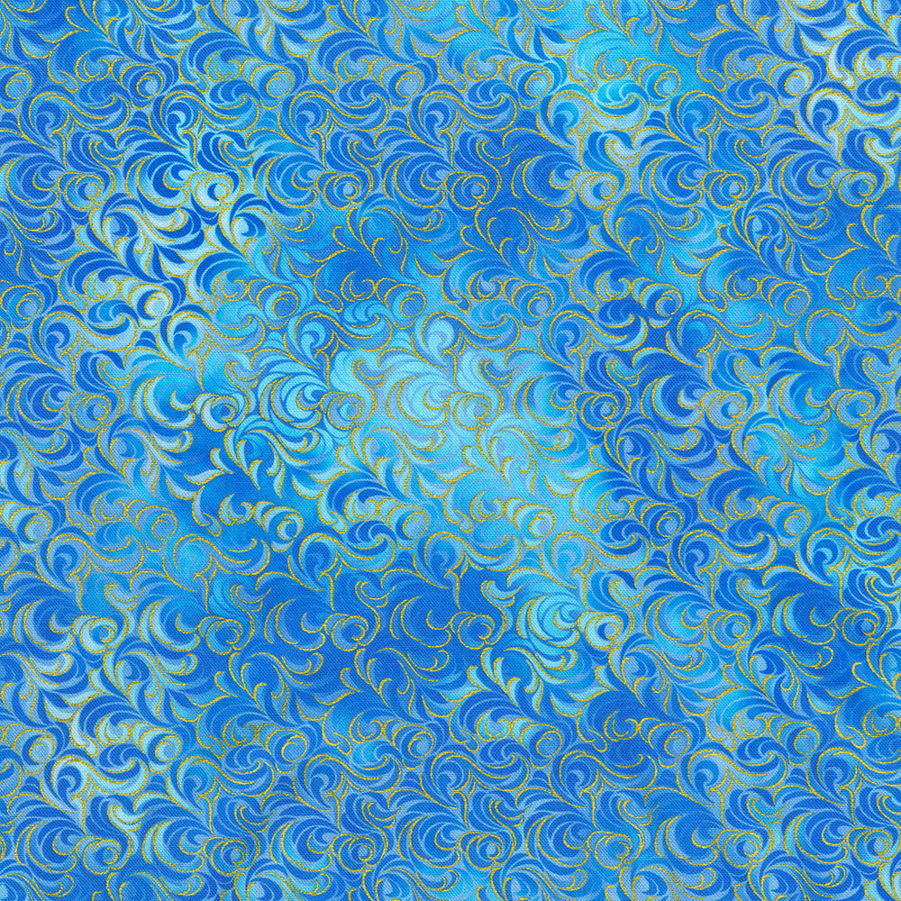 Blue and metallic gold intricate swirling patterned cotton fabric