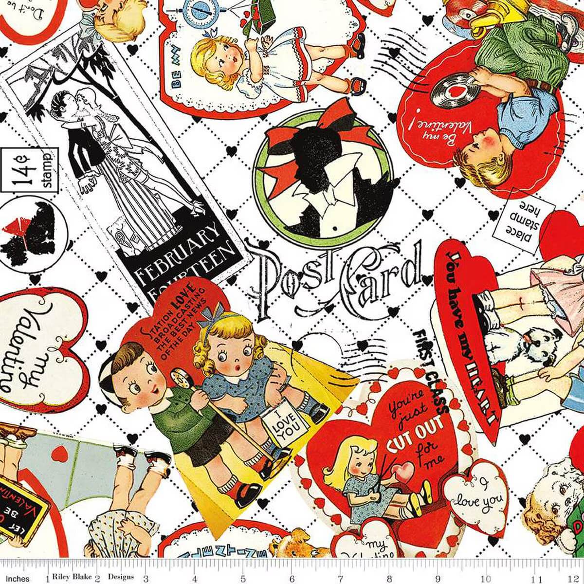 Riley Blake take heart valentine fabric red and white vintage cartoon design