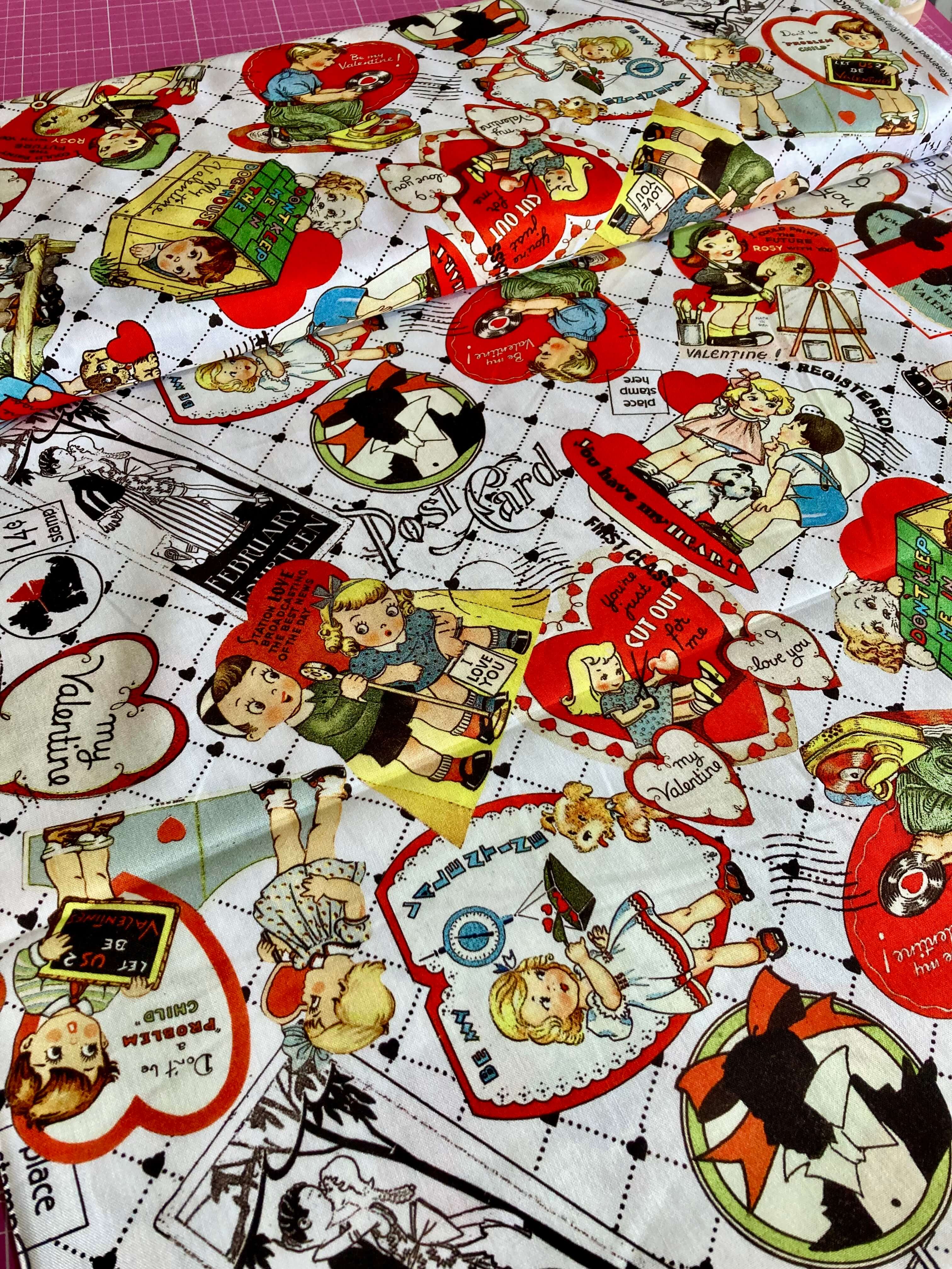 Riley Blake take heart valentine fabric red and white vintage cartoon design