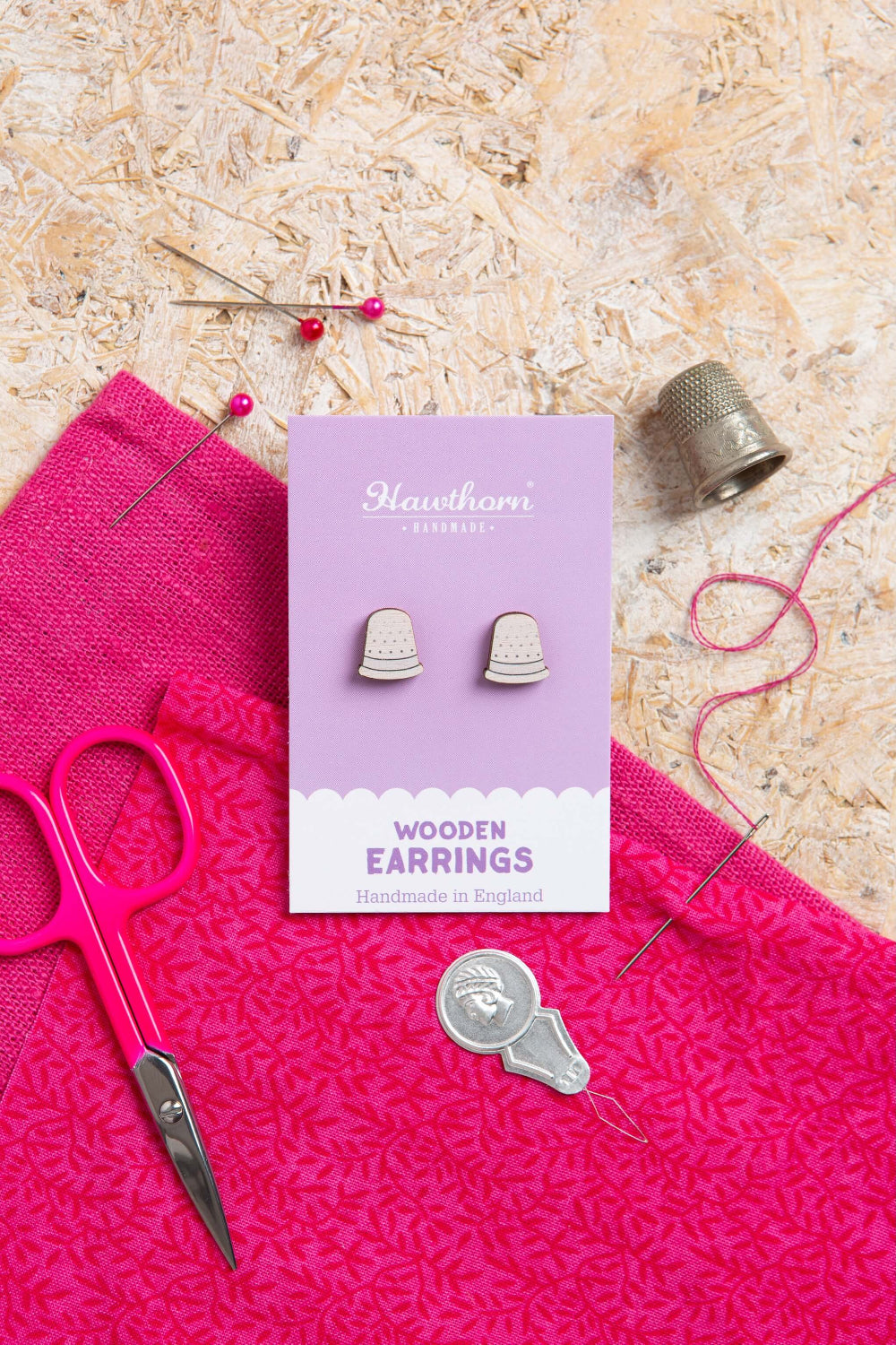 white thimble wooden earrings with thimble