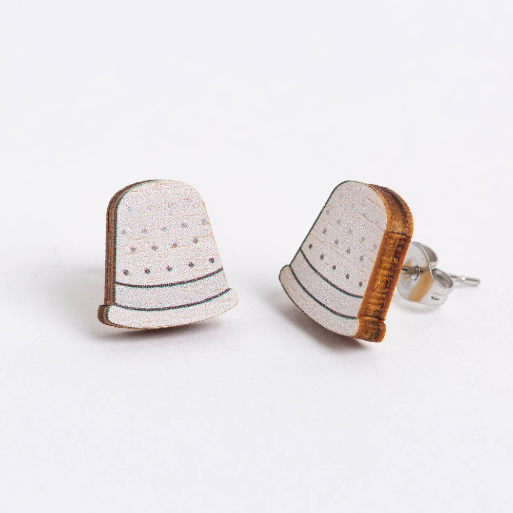 white thimble wooden earrings