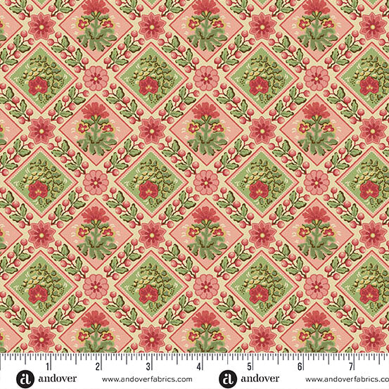 Floral patterned fabric with a ruler at the bottom for scale, featuring pink and green flowers on a pink background.