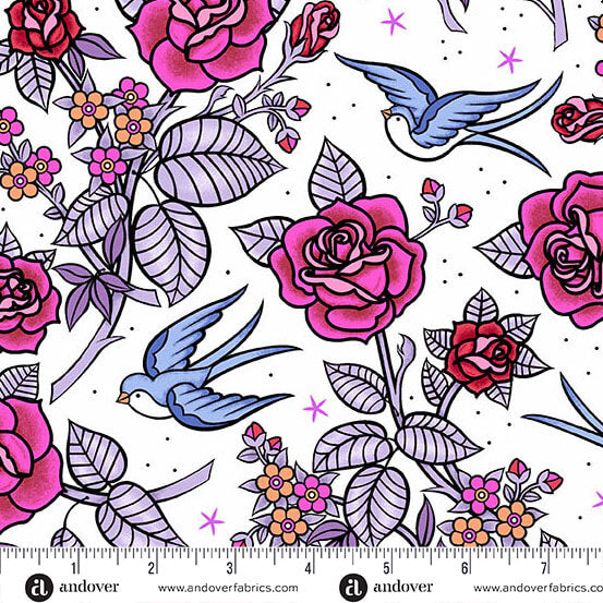 Floral and bird pattern with a ruler at the bottom, on a white background