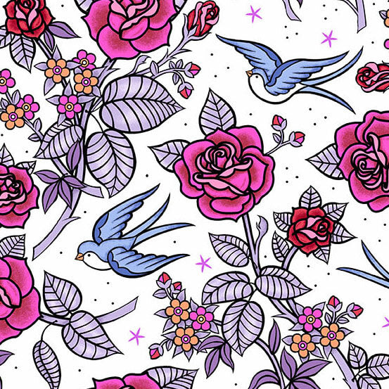 Pattern of pink roses, blue birds, and purple leaves on a white background