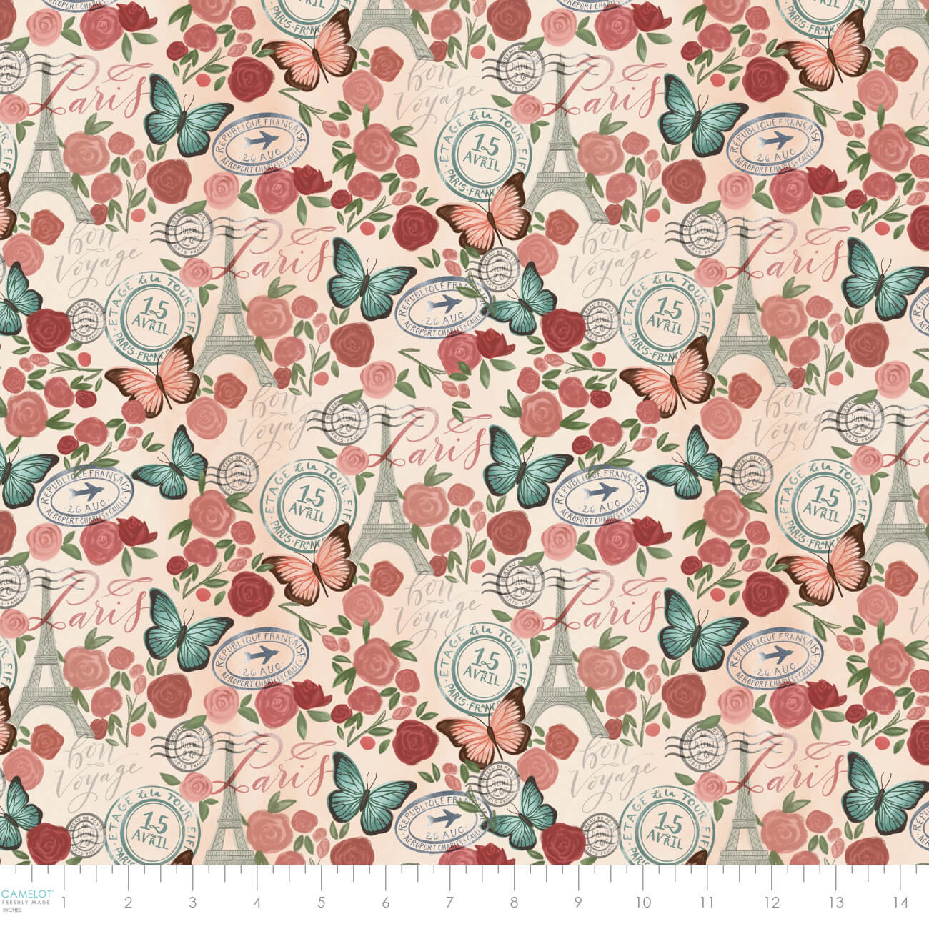 Fabric pattern with butterflies, flowers, and Eiffel Tower on a beige background