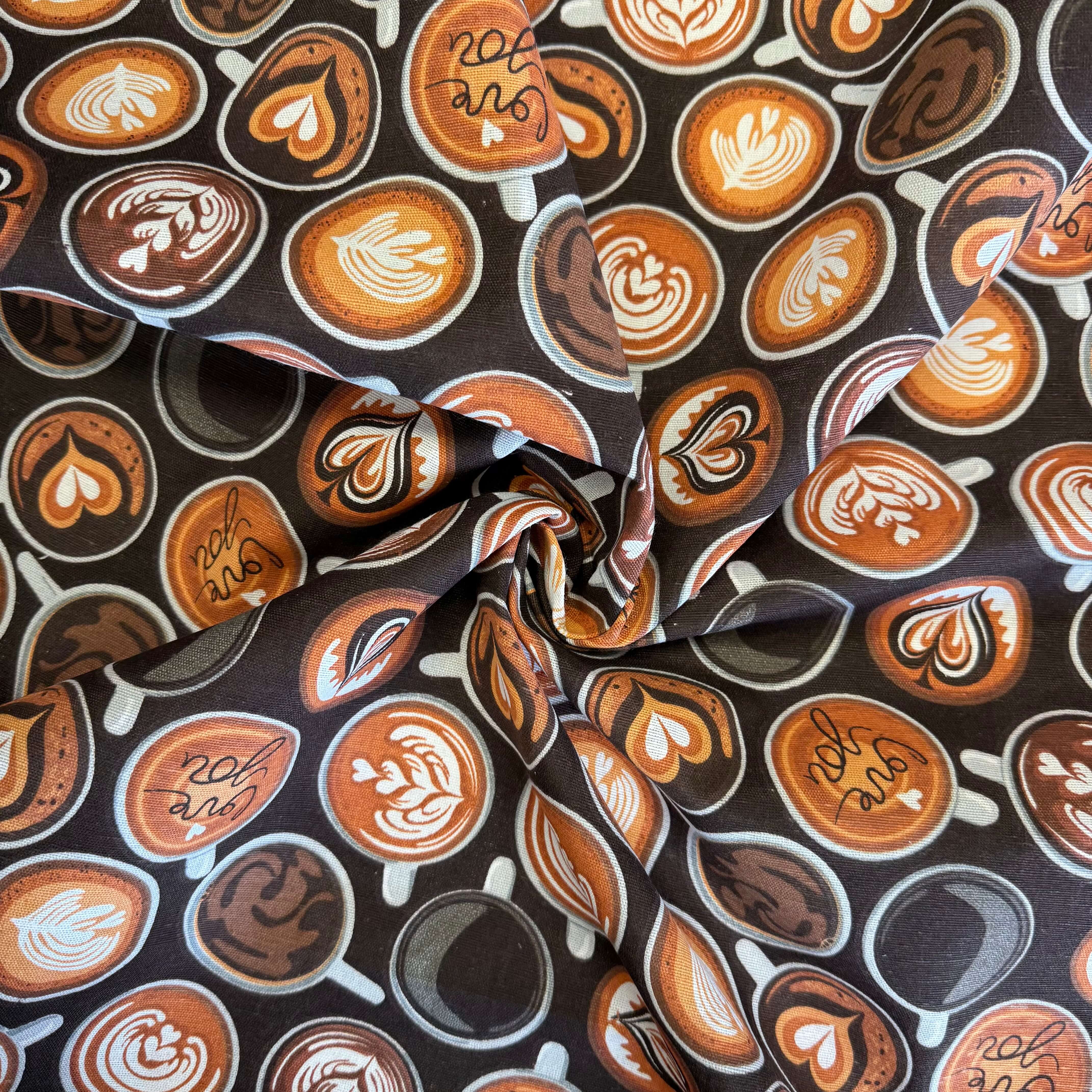 coffee cups with latte art on brown half panama poly-cotton