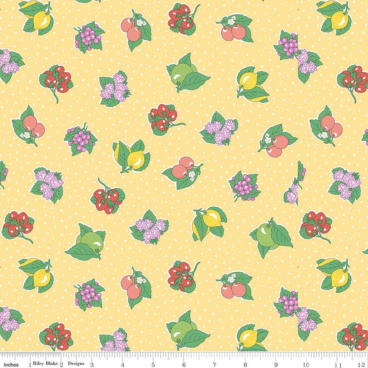 yellow cotton fabric with white polka dots and colourful fruit