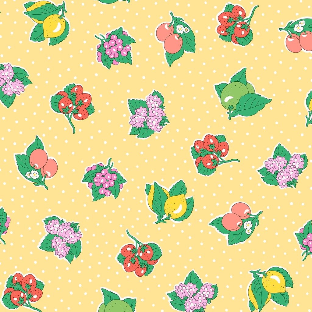 yellow cotton fabric with white polka dots and colourful fruit