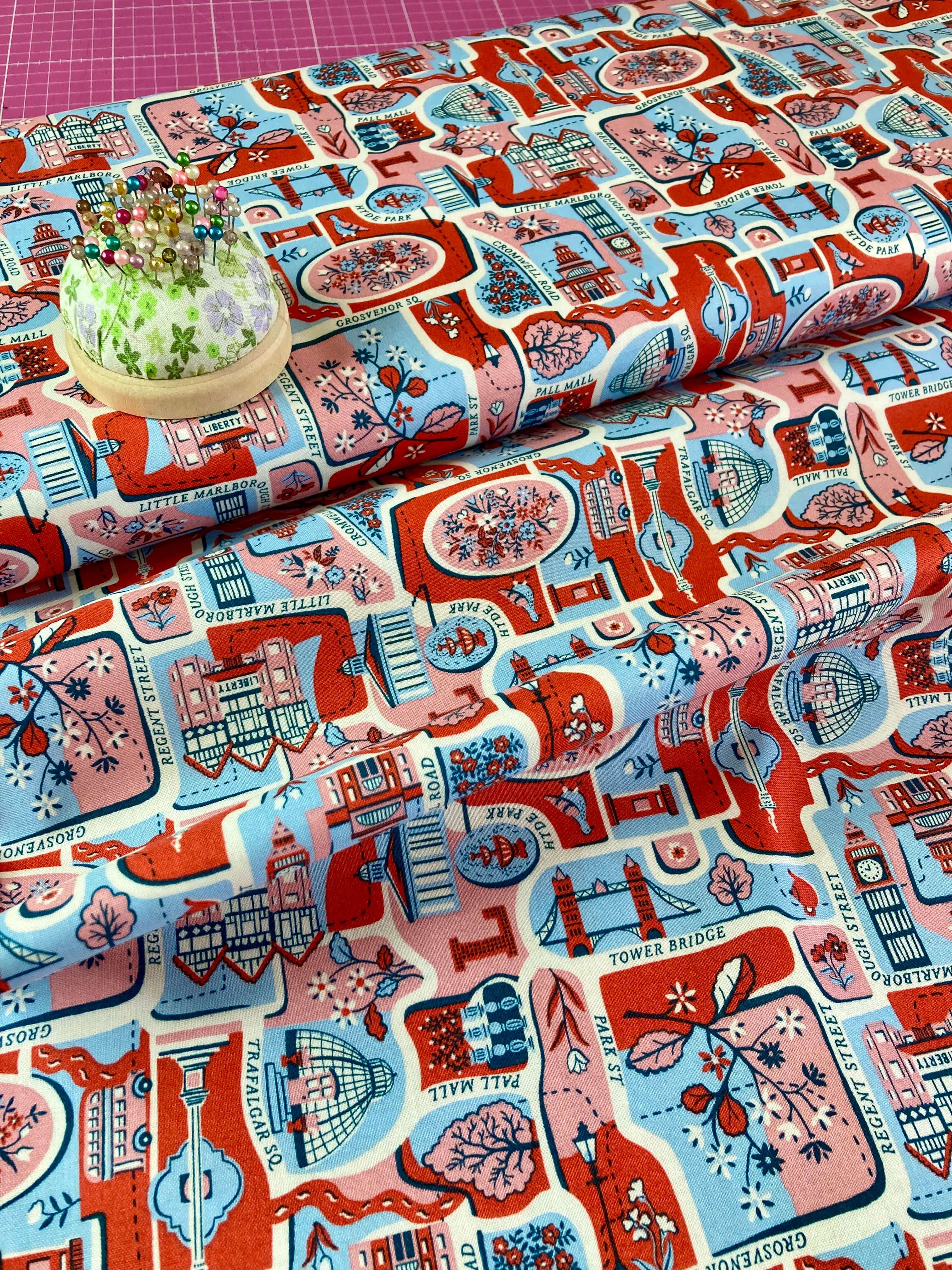 Blue pink and red London map design cotton fabric
