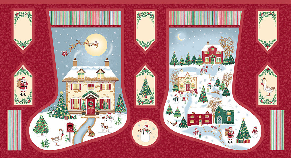 Decorative fabric panel with Christmas-themed winter scene and Santa Claus.