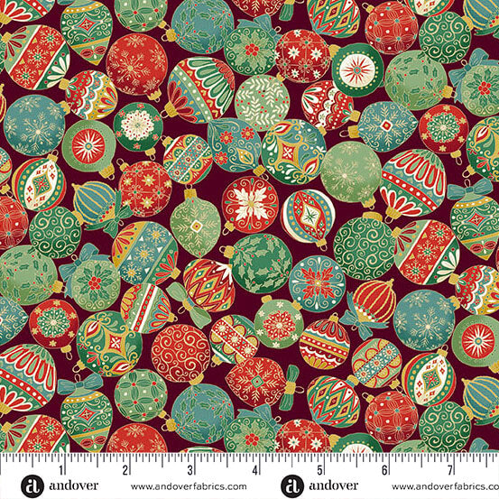 Makower Adorn Ornament Burgundy Metallic Christmas Baubles Fabric