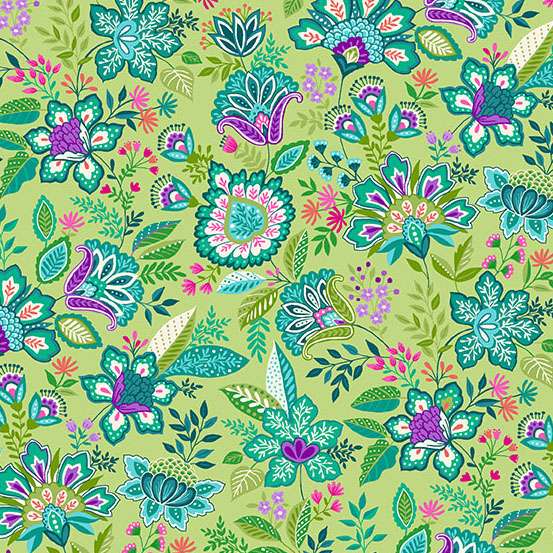 bright green purple and blue botanical floral cotton fabric
