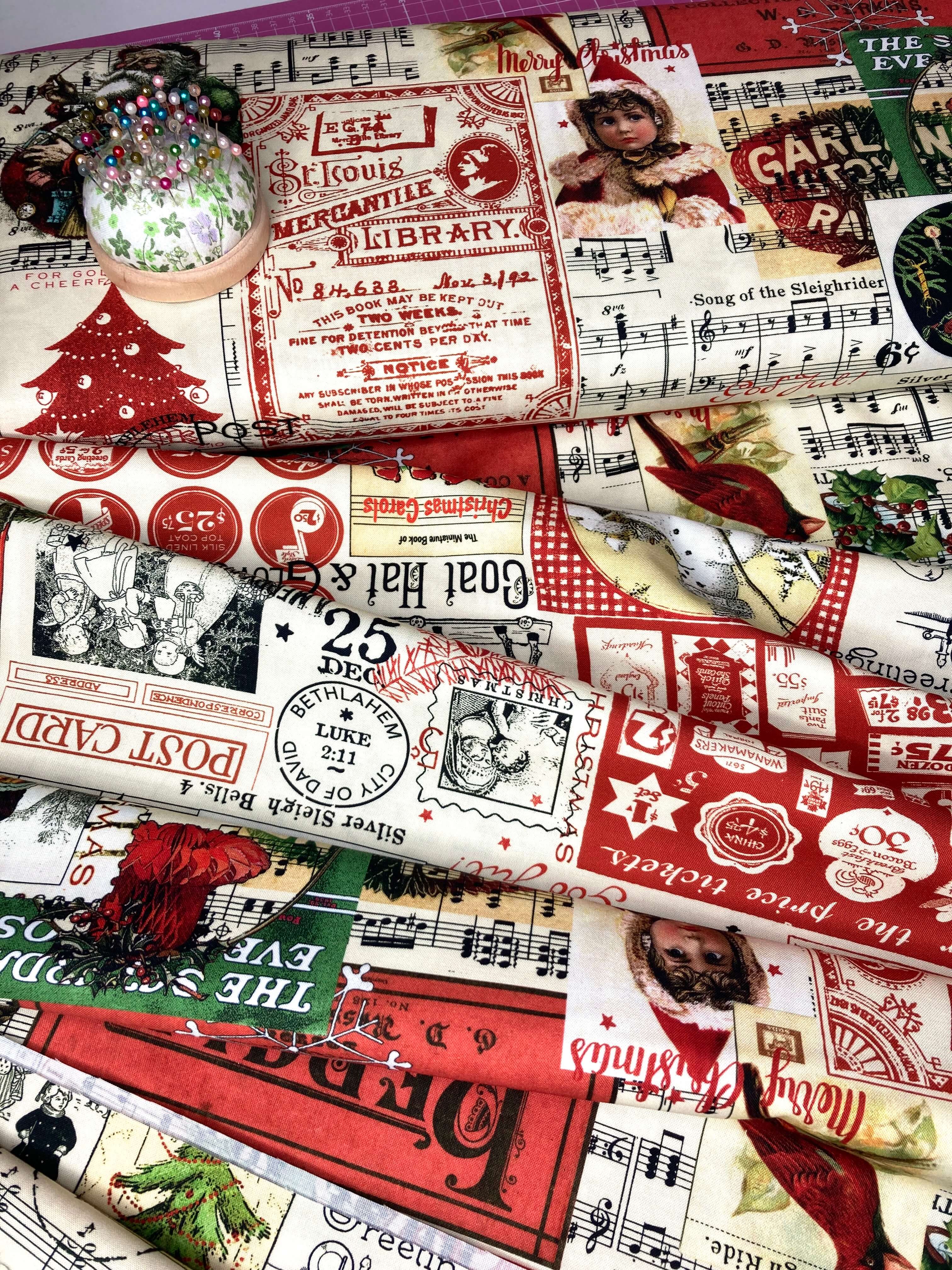 riley blake classic christmas collage fabric with vintage christmas scenes and characters