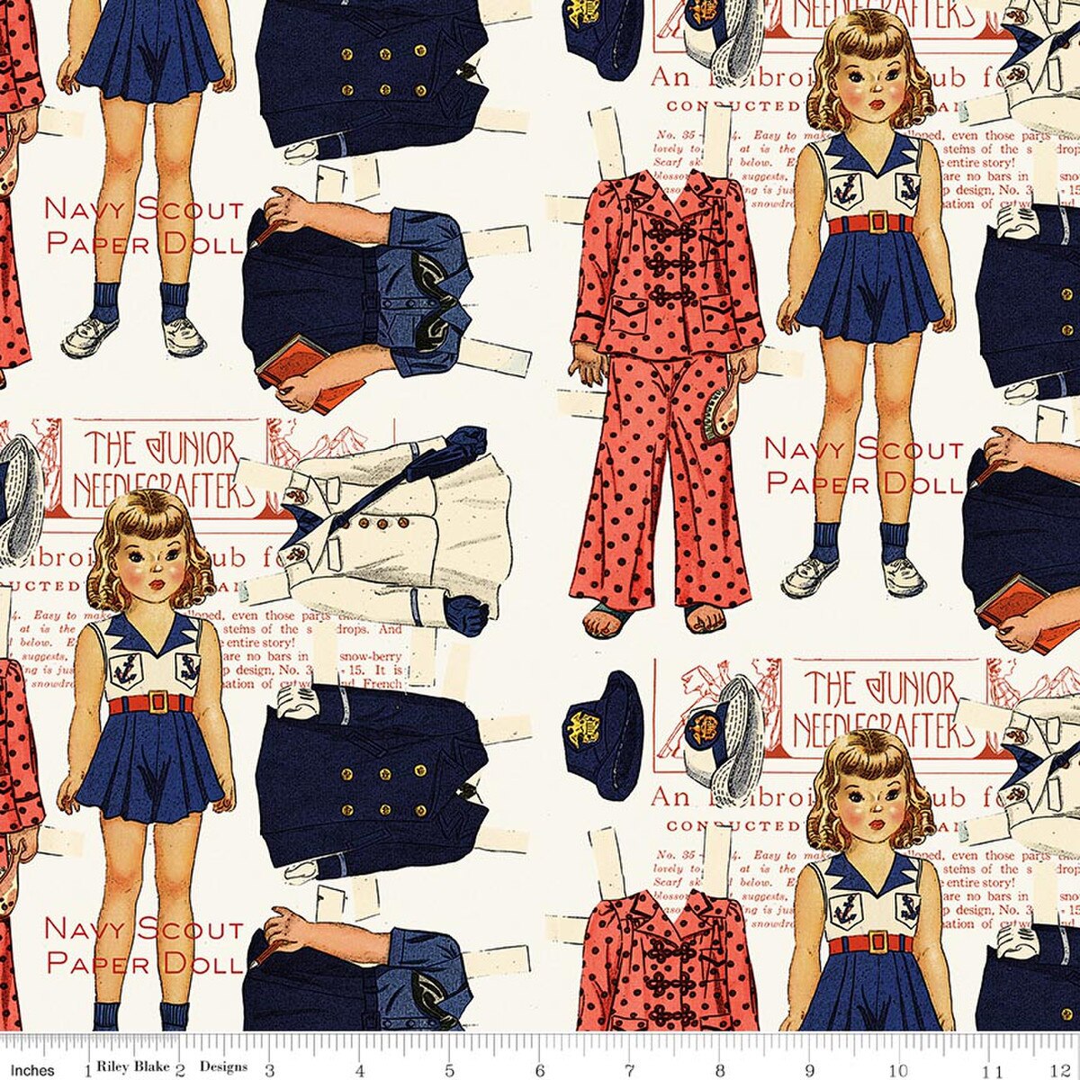 Navy Scout paper doll set with clothing pieces on a patterned background