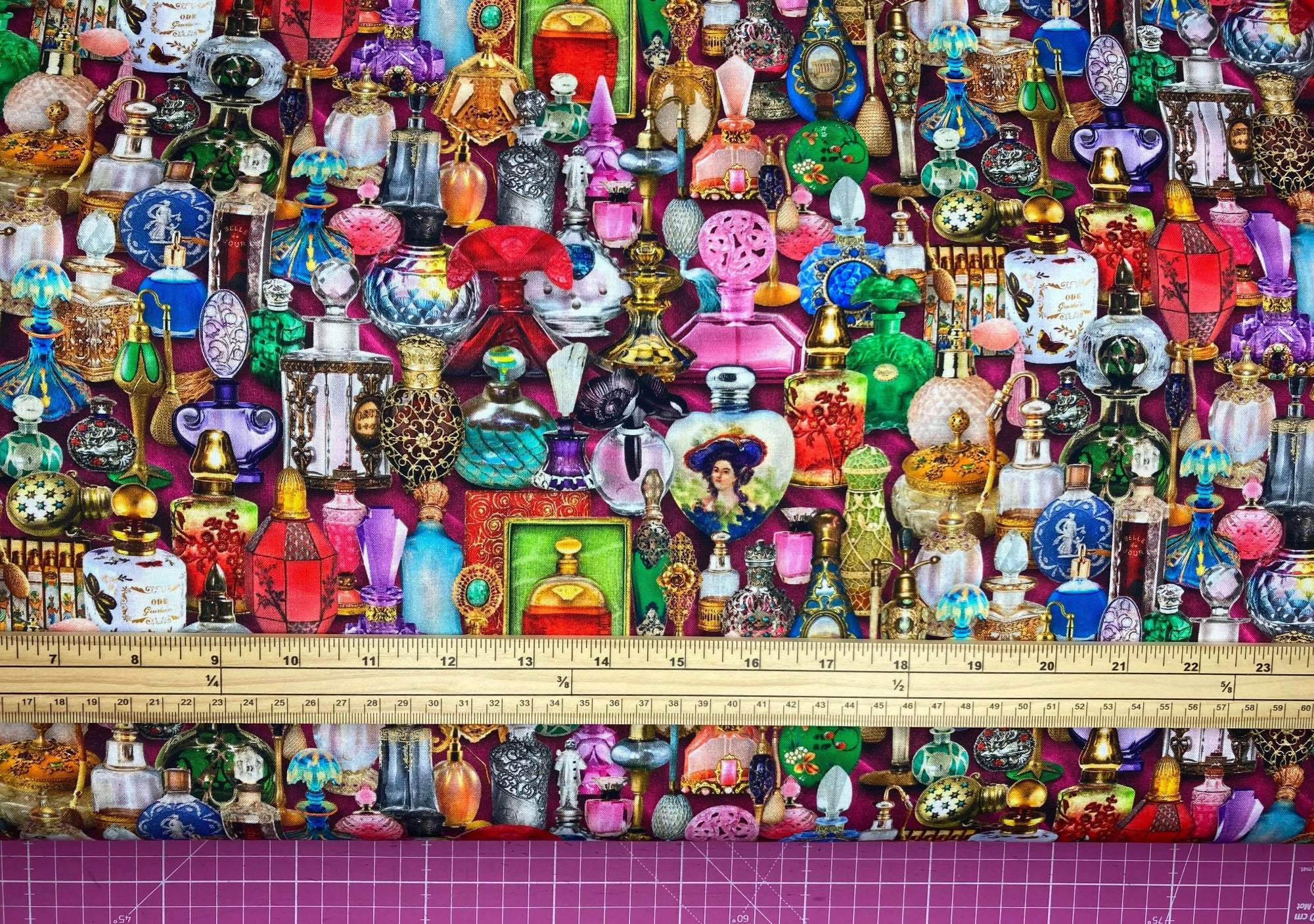 Colorful collage of vintage perfume bottles on a vibrant background