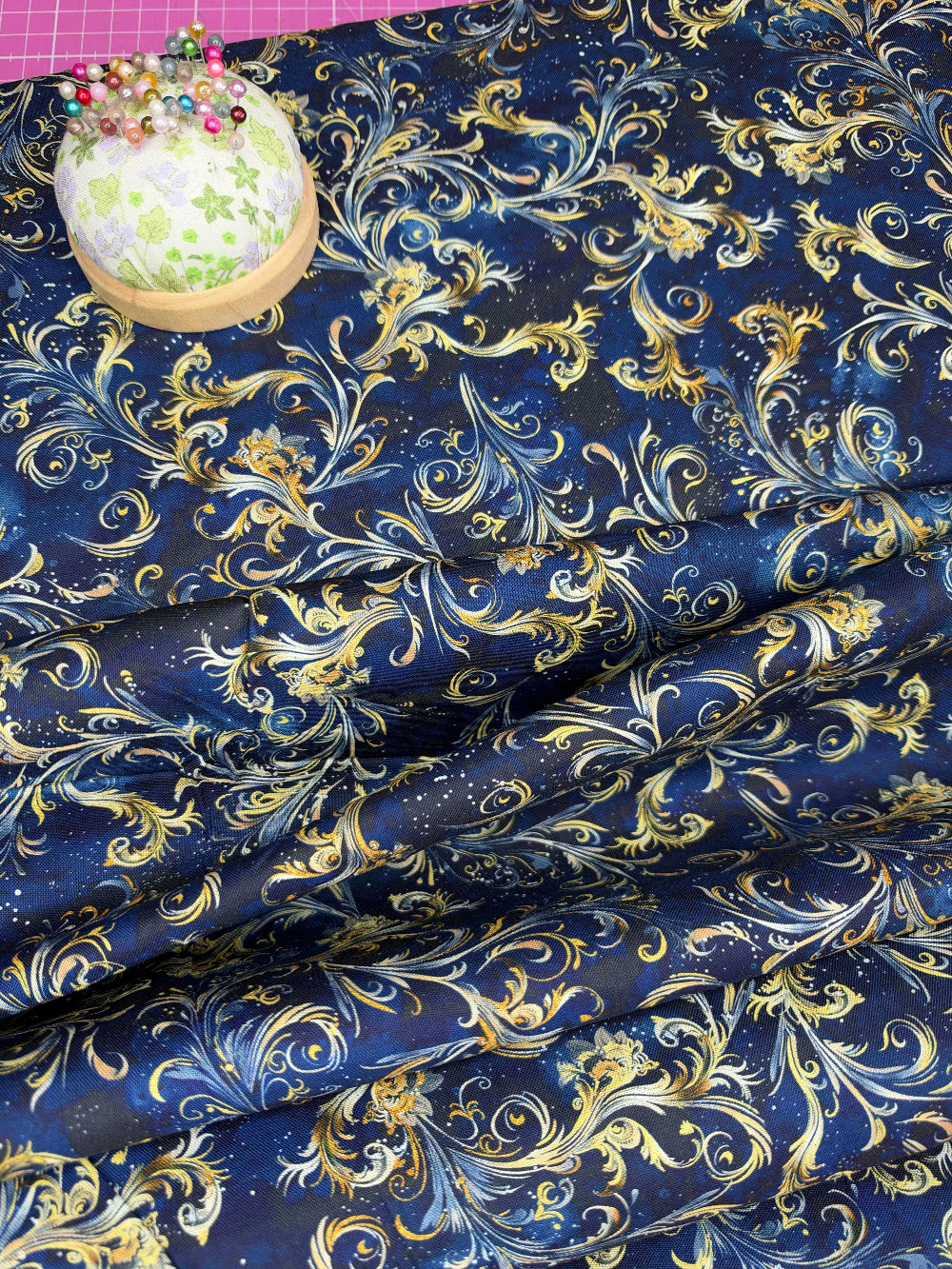 blue and gold cosmos cotton fabric