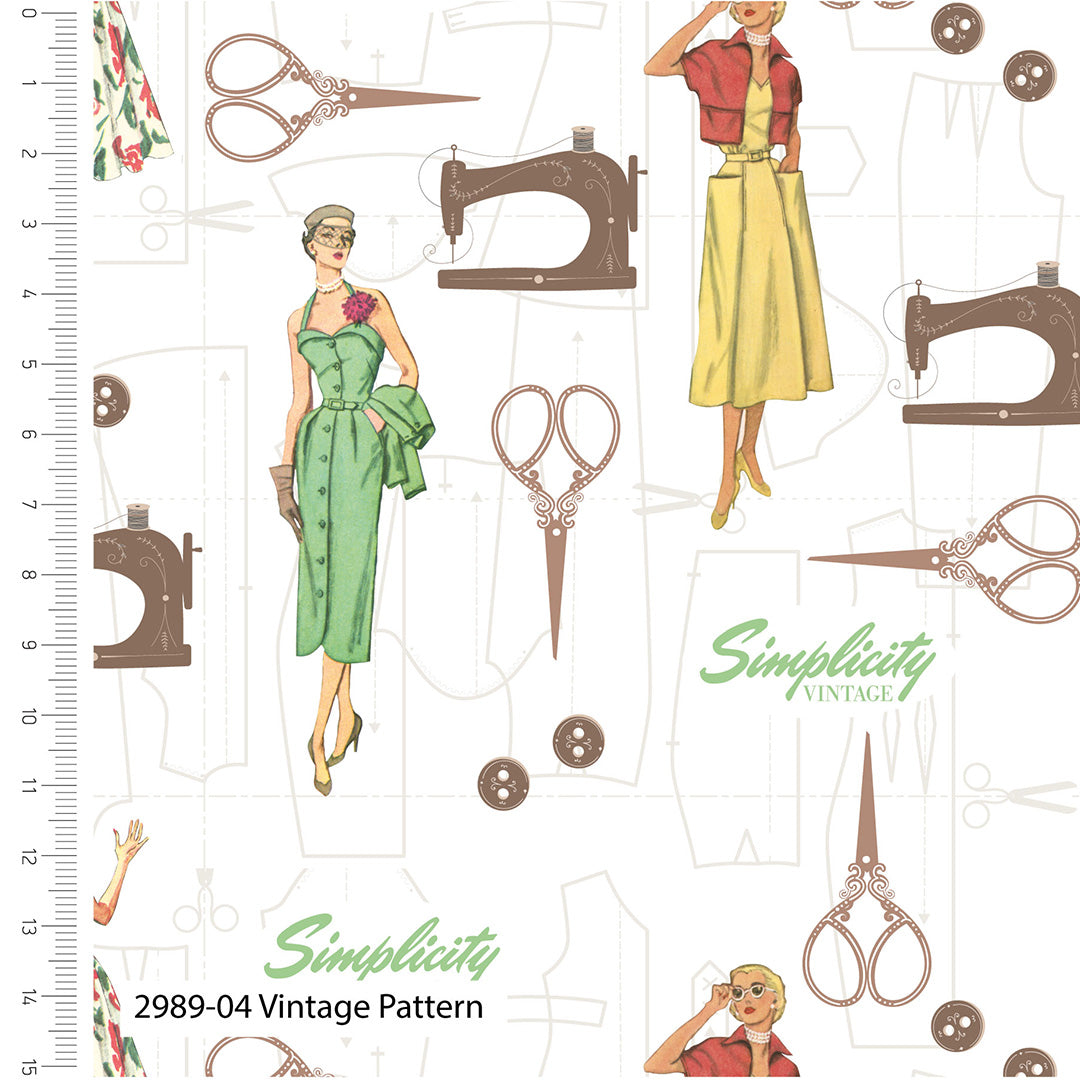 Vintage sewing pattern with women, scissors, and sewing machines on a white background.