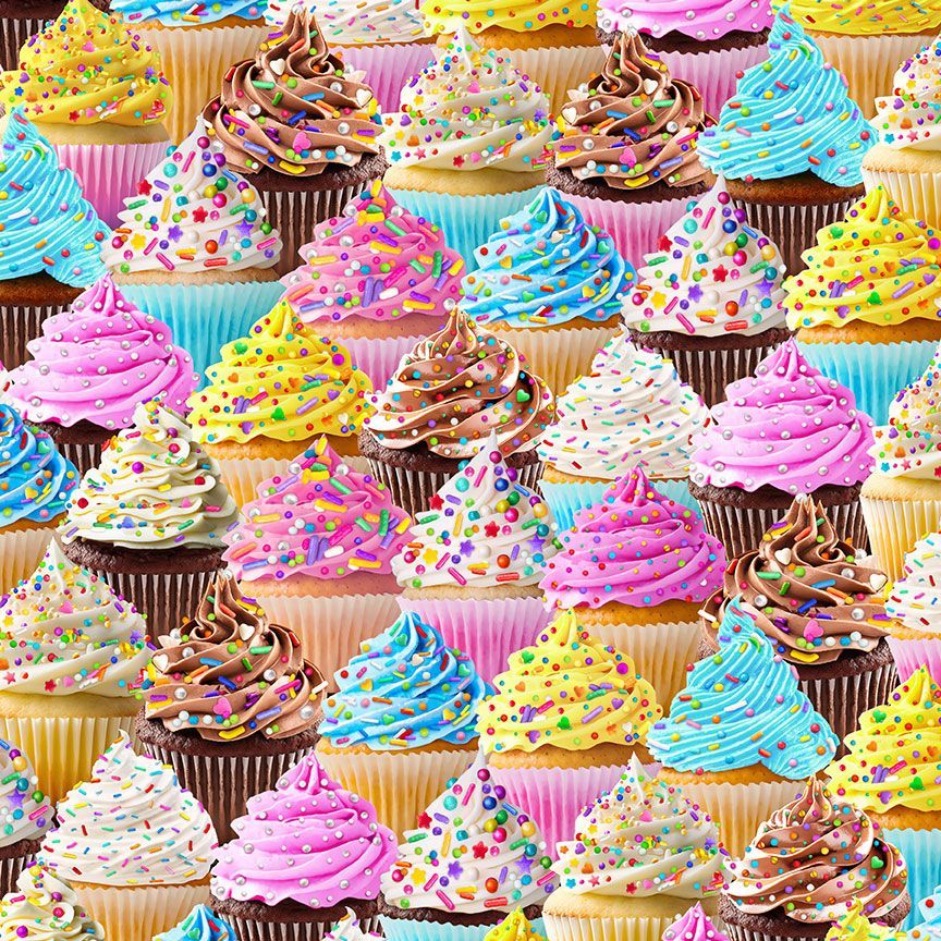 multicoloured cupcakes with frosting and sprinkles cotton fabric