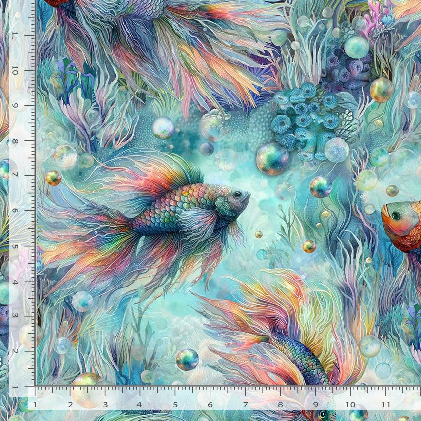 Colourful underwater scene with rainbow fish and coral