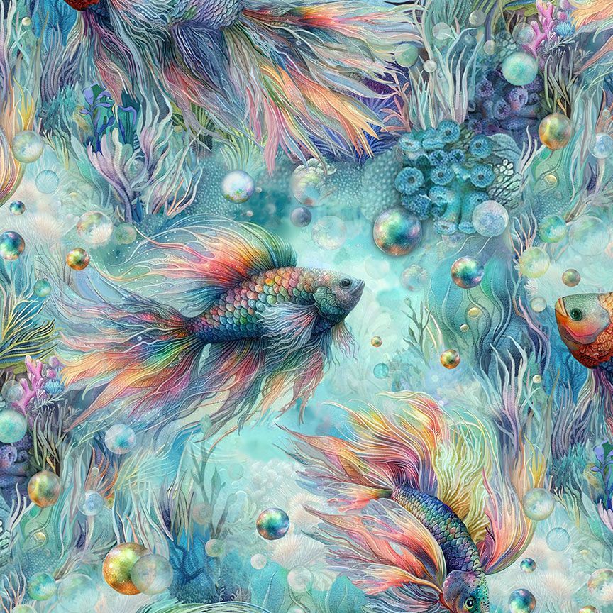 Colourful underwater scene with rainbow fish and coral