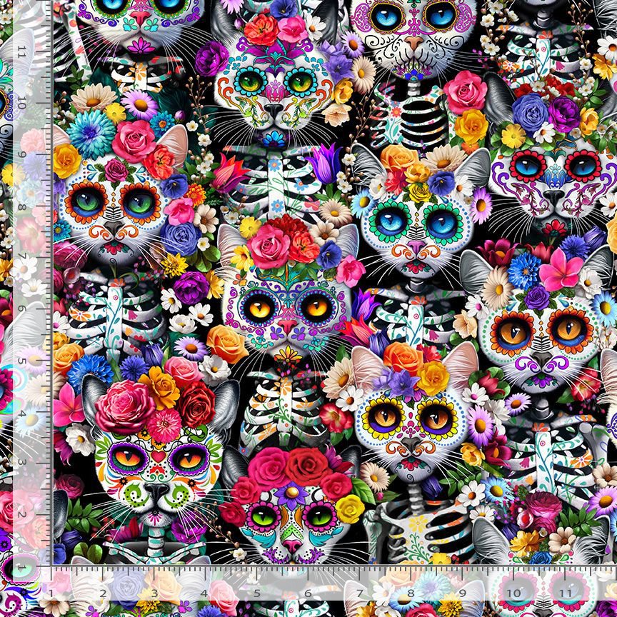 vibrant colourful flowers and day of the dead cats halloween fabric