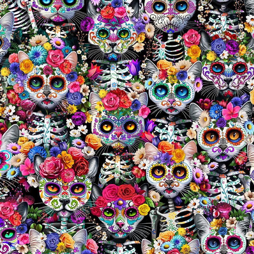 vibrant colourful flowers and day of the dead cats halloween fabric