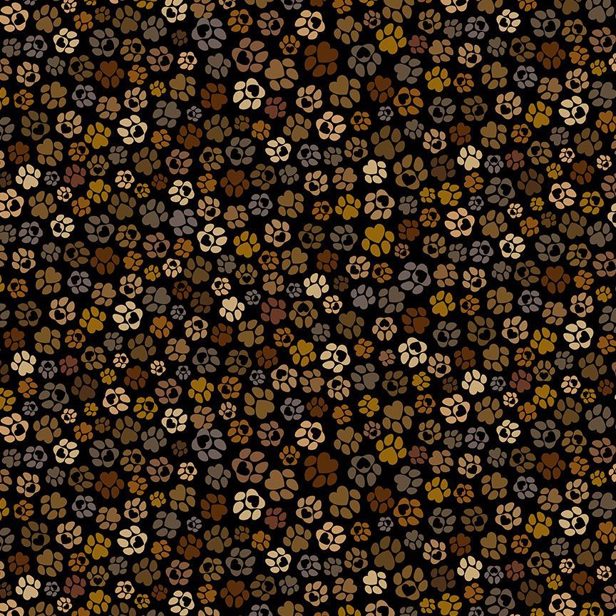 Pattern of paw prints in various shades of grey and brown on a black background