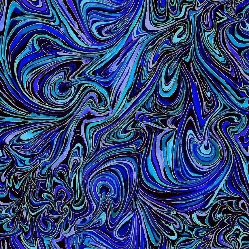 blue and gold swirling marbled cotton fabric