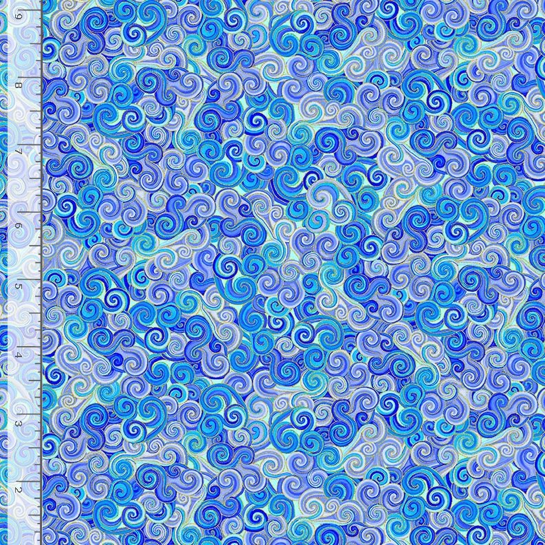blue purple and metallic gold scrolls cotton fabric
