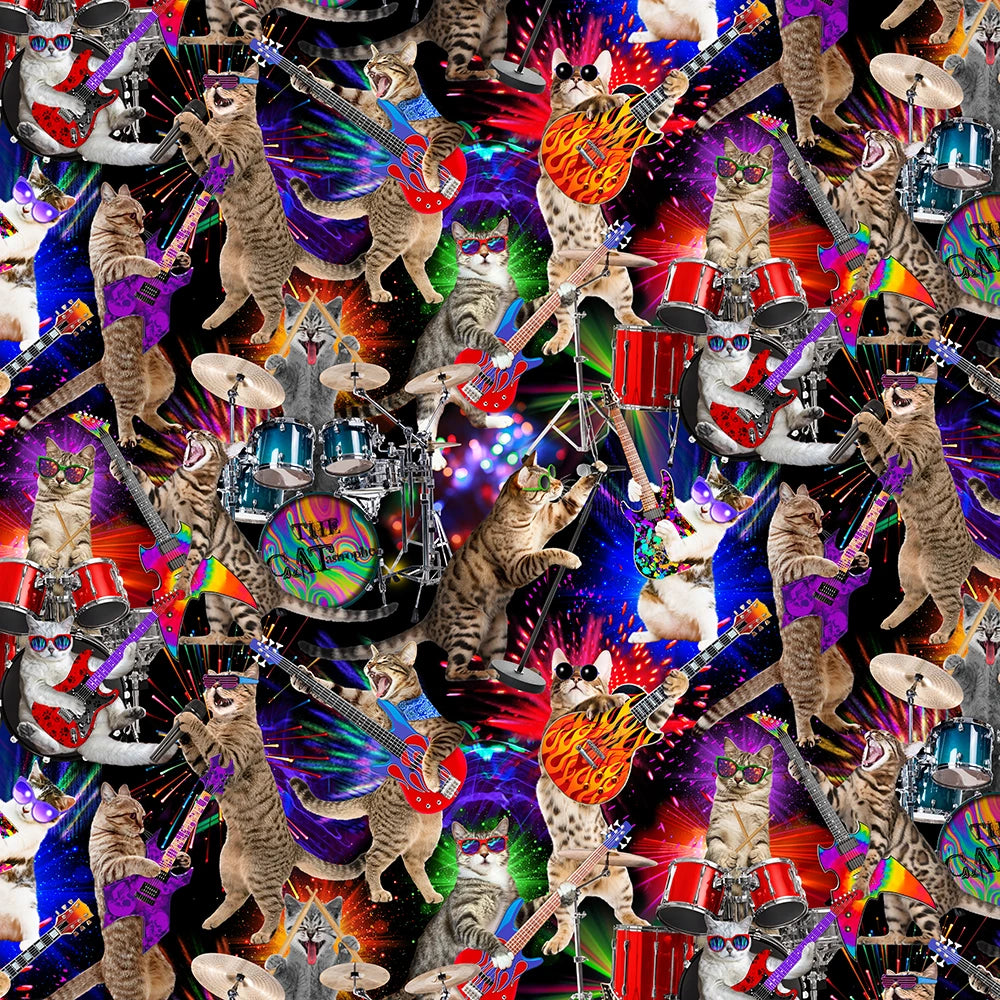 Collage of cats playing musical instruments with a colorful, psychedelic background