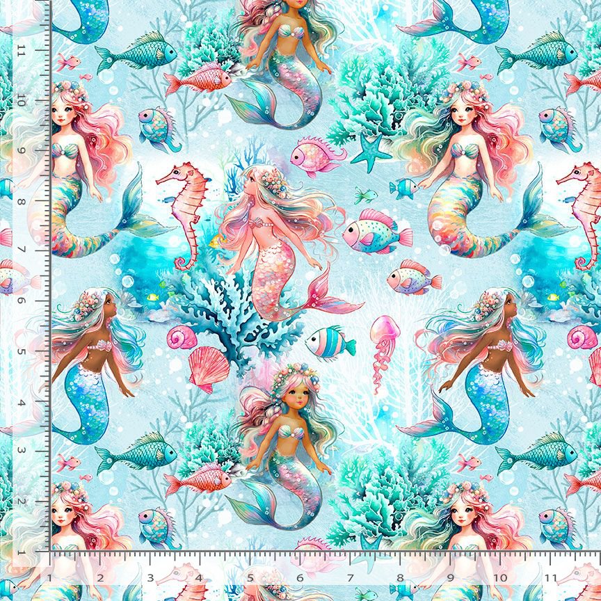 cute mermaids and fish on an aqua blue backdrop