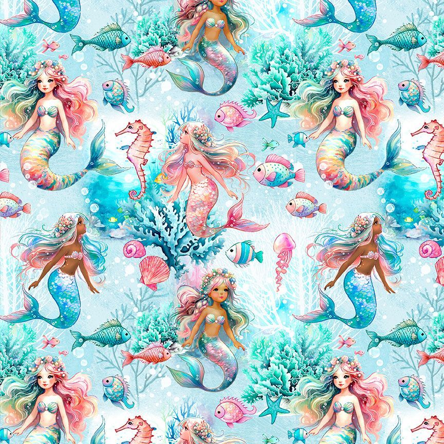 cute mermaids and fish on an aqua blue backdrop