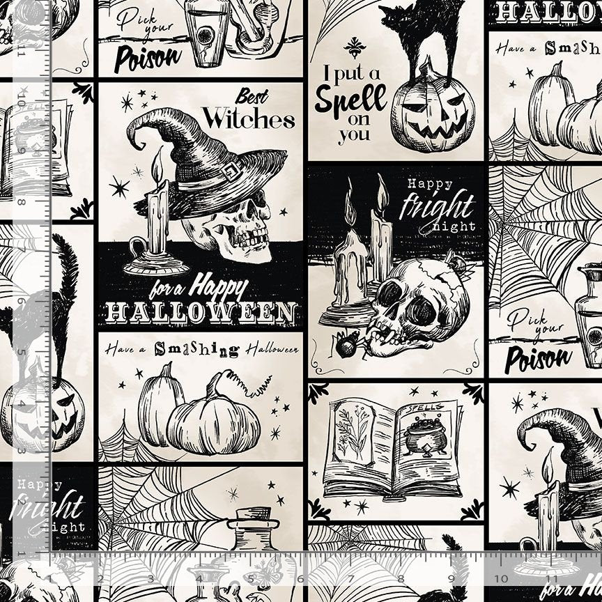 cream and white spooky halloween fabric with skulls, spider webs and pumpkins