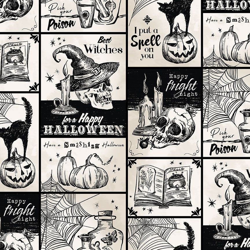 cream and white spooky halloween fabric with skulls, spider webs and pumpkins