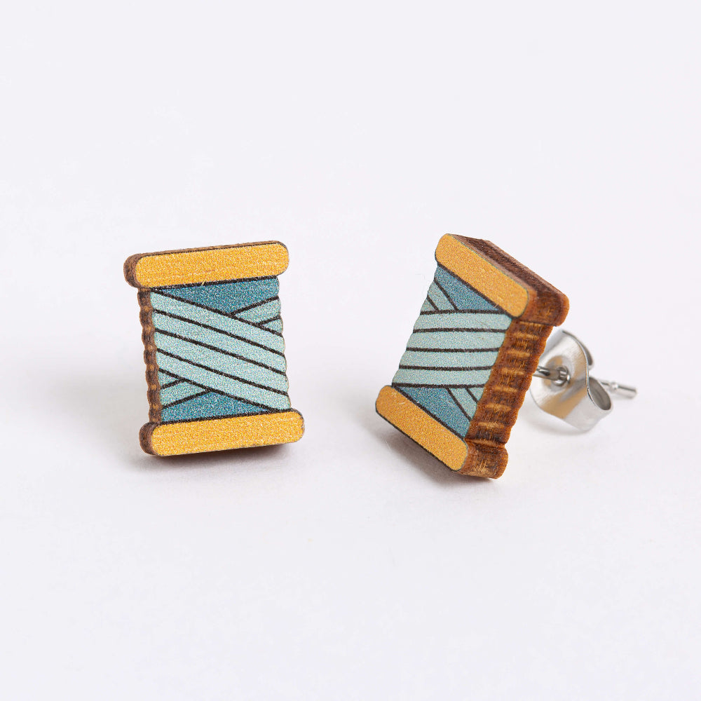 teal bobbin wooden earrings