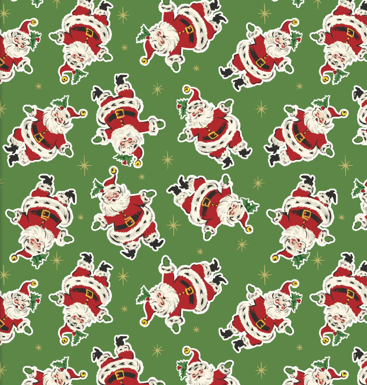 A repeating Christmas pattern featuring cartoon Santa Claus figures in red and white suits with black boots, set on a medium green background with small gold star accents.