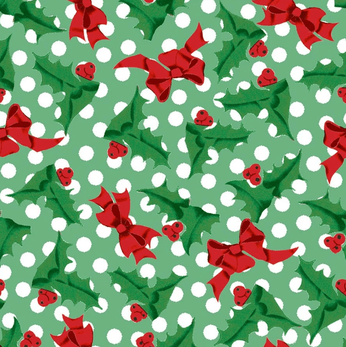 A repeating Christmas pattern featuring green holly leaves, red bows, red berries, and white polka dots on a light green background.