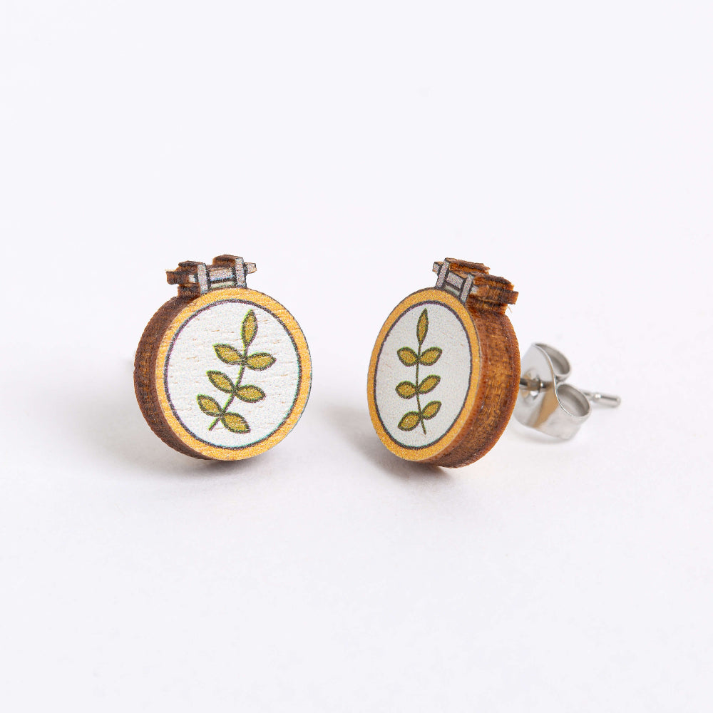embroidery hoop botanical wooden earrings