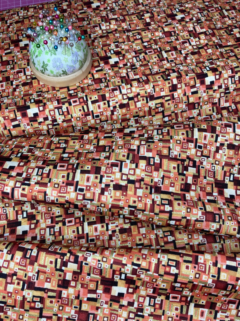 makower golden patchwork yellow fabric inspired by the art of Gustav Klimt